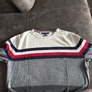 Tommy Hilfiger Men's Gray Sweater with Red and Navy Stripes
